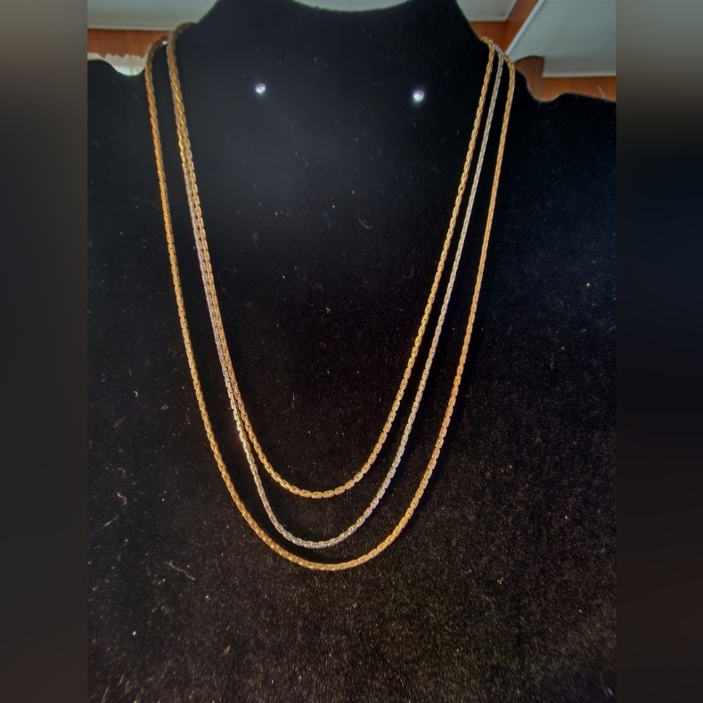 Vintage Avon Three-Strand Gold & Silver Tone Necklace – Layered Chain Statement